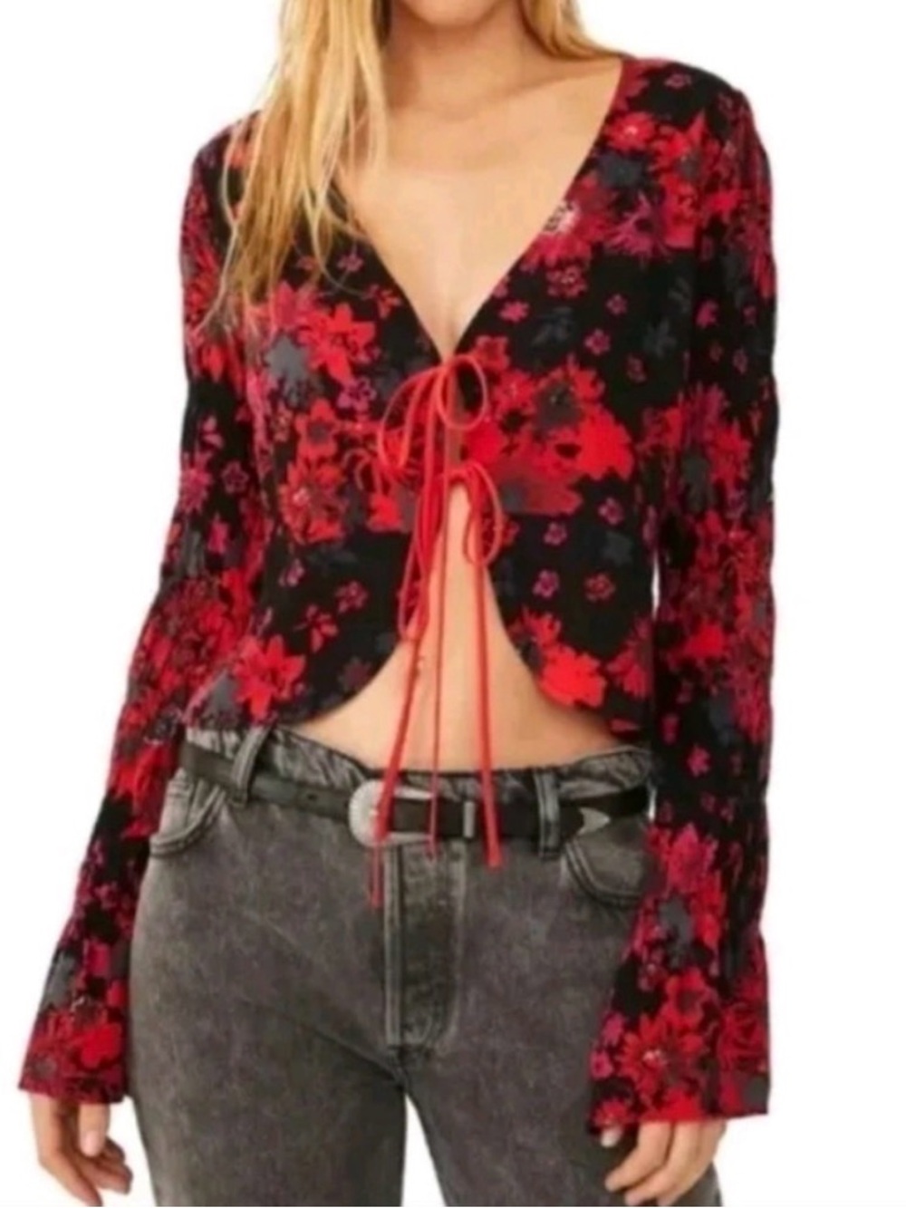Free People Red and Black Floral Tie-Front Crop Top